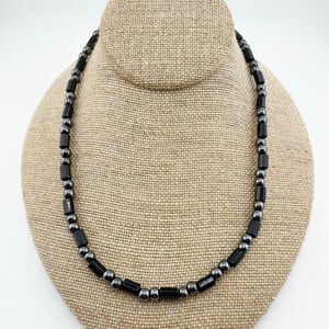 Vintage Hematite & Black Tube Bead Necklace Magnetic Healing Stone Unisex